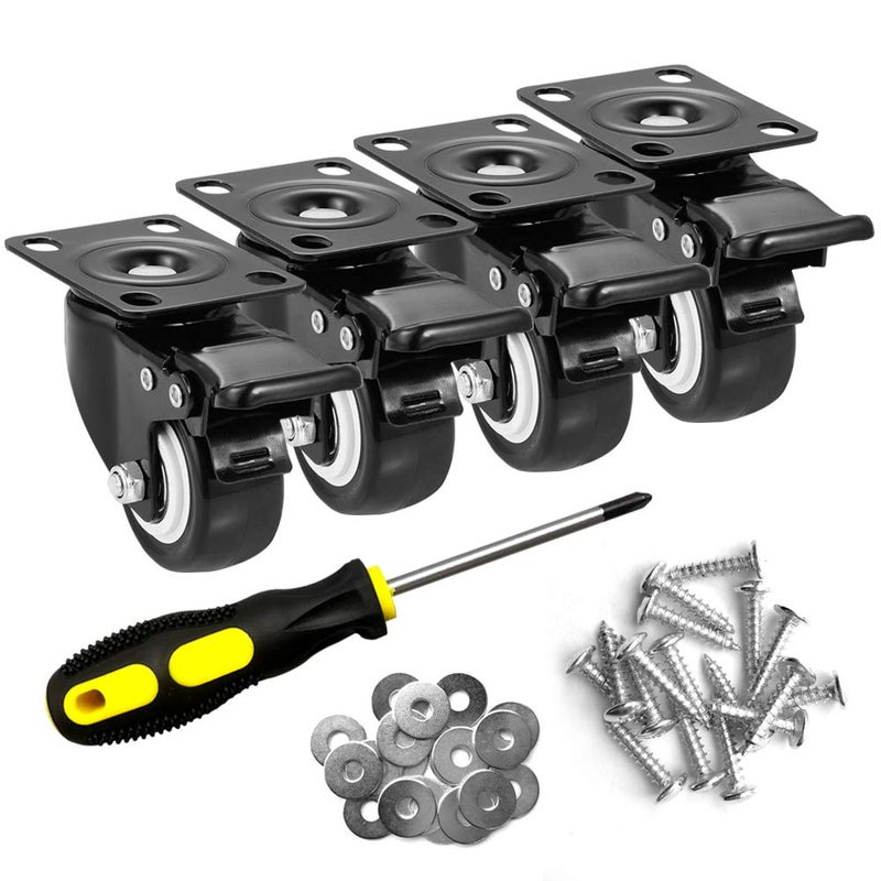 ASHGOOB 2" Caster Wheels Set of 4, Heavy Duty Casters with Brake, No Noise Locking Polyurethane (PU) Wheels, Swivel Plate Castors Pack 4 - Image 1